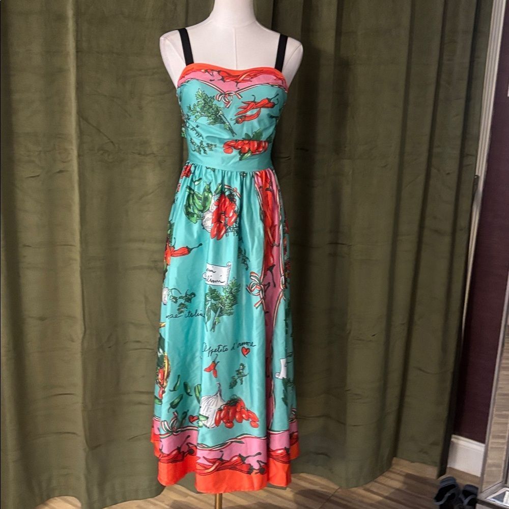 Dolce & Gabbana Turquoise Floral Print Maxi dress with Orange & Pink Accents - Picture 3 of 15